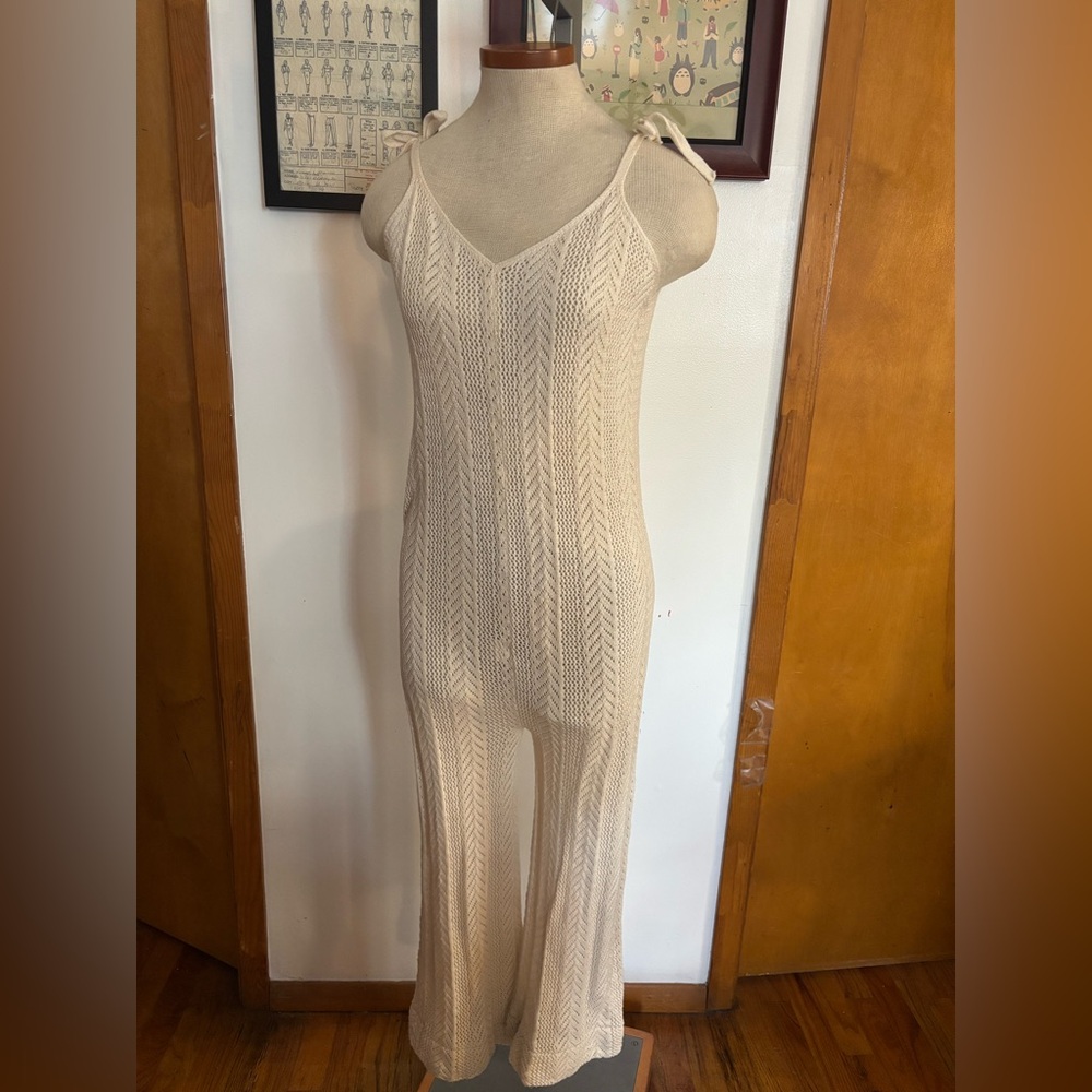 VINTAGE: Open Knit 100% COTTON Adjustable Bow Overalls Jumpsuit SZ. S/M (IVORY)
